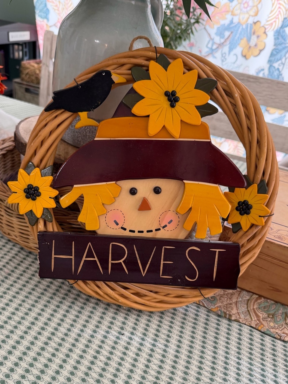 Vintage Harvest Scarecrow Wreath Wall Hanging Decor - Rustic Farmhouse Cottage